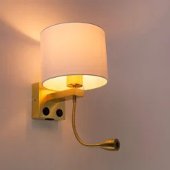 QAZQA Wandleuchten|Wohnzimmerlampen*Wandleuchte gold mit USB und Schirm weiß 18 cm - Brescia Combi
