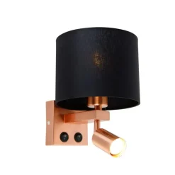 QAZQA Wandleuchten|Wohnzimmerlampen*Wandleuchte Kupfer mit Leselampe und Schirm 18 cm schwarz - Brescia