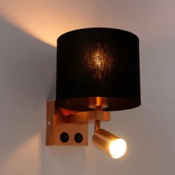 QAZQA Wandleuchten|Wohnzimmerlampen*Wandleuchte Kupfer mit Leselampe und Schirm 18 cm schwarz - Brescia