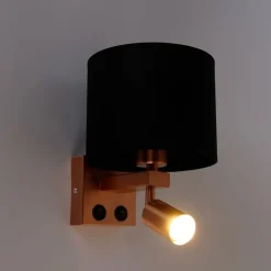 QAZQA Wandleuchten|Wohnzimmerlampen*Wandleuchte Kupfer mit Leselampe und Schirm 18 cm schwarz - Brescia