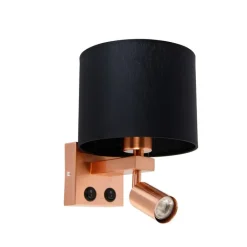 QAZQA Wandleuchten|Wohnzimmerlampen*Wandleuchte Kupfer mit Leselampe und Schirm 18 cm schwarz - Brescia