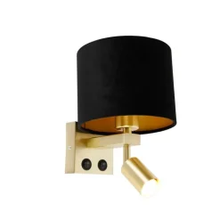 QAZQA Wandleuchten|Wohnzimmerlampen*Wandleuchte Messing mit Leseleuchte und Schirm 18 cm schwarz - Brescia