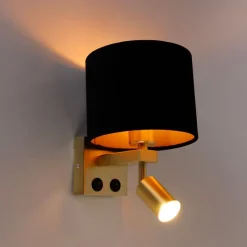 QAZQA Wandleuchten|Wohnzimmerlampen*Wandleuchte Messing mit Leseleuchte und Schirm 18 cm schwarz - Brescia