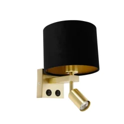 QAZQA Wandleuchten|Wohnzimmerlampen*Wandleuchte Messing mit Leseleuchte und Schirm 18 cm schwarz - Brescia