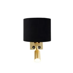 QAZQA Wandleuchten|Wohnzimmerlampen*Wandleuchte Messing mit Leseleuchte und Schirm 18 cm schwarz - Brescia