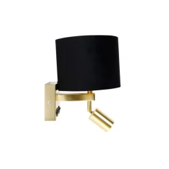 QAZQA Wandleuchten|Wohnzimmerlampen*Wandleuchte Messing mit Leseleuchte und Schirm 18 cm schwarz - Brescia