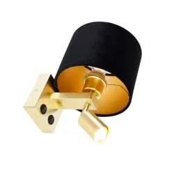 QAZQA Wandleuchten|Wohnzimmerlampen*Wandleuchte Messing mit Leseleuchte und Schirm 18 cm schwarz - Brescia