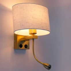 QAZQA Wandleuchten|Wohnzimmerlampen*Wandleuchte Messing mit ovalem Leinen-Schirm weiß 25cm - Brescia Combi