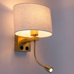 QAZQA Wandleuchten|Wohnzimmerlampen*Wandleuchte Messing mit ovalem Leinen-Schirm weiß 25cm - Brescia Combi