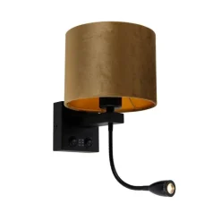 QAZQA Wandleuchten|Wohnzimmerlampen*Wandleuchte Schwarz mit Bronze-Samt-Schirm 18cm - Brescia