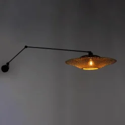 QAZQA Wandleuchten|Wohnzimmerlampen*Wandleuchte schwarz mit Rattanschirm 50 cm verstellbar - Blitz
