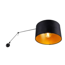 QAZQA Schlafzimmerlampen|Küchenlampen*Wandleuchte schwarz mit Veloursschirm schwarz 35 cm verstellbar - Blitz