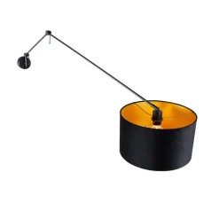 QAZQA Schlafzimmerlampen|Küchenlampen*Wandleuchte schwarz mit Veloursschirm schwarz 35 cm verstellbar - Blitz